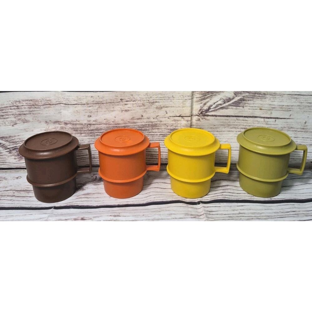 Vtg MCM Tupperware Set/4 Stackable Coffee Cups Mugs + Coasters #1312 Harvest EUC